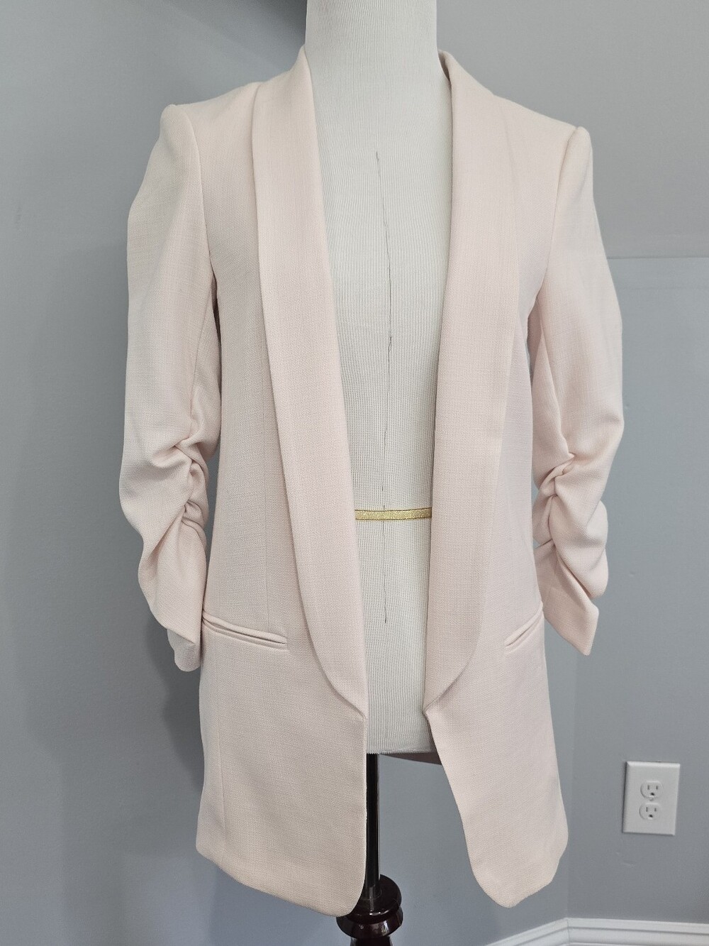 H&M Light Blush Pink Ruched Sleeve Open-Front Blazer